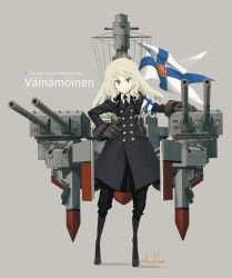 Rule 34 | 1girl, armband, asterisk kome, black coat, black gloves, black necktie, buttons, cannon, coat, finnish flag, flag, fur-trimmed sleeves, fur trim, gloves, green eyes, grey hair, highres, long hair, long sleeves, looking at viewer, machinery, mecha musume, military, military uniform, military vehicle, necktie, original, personification, ship, simple background, solo, standing, turret, uniform, vainamoinen (ship), warship, watercraft