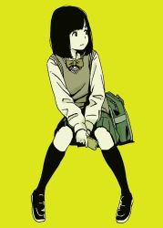 Rule 34 | 1girl, bad id, bad pixiv id, between legs, black footwear, black hair, black socks, bob cut, closed mouth, commentary request, facing viewer, flat color, frown, full body, green bag, hand between legs, highres, holding, holding phone, hosoo, kneehighs, long sleeves, looking to the side, monochrome, original, phone, school uniform, short hair, simple background, socks, solo, v arms, yellow background