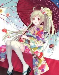 Rule 34 | 1girl, blue sky, braid, cloud, day, floral print, fukahire (ruinon), hair ornament, happy new year, highres, japanese clothes, kimono, long hair, long sleeves, new year, obi, oil-paper umbrella, open mouth, original, ponytail, red eyes, sash, silver hair, sitting, sky, smile, solo, thighhighs, umbrella, very long hair, white thighhighs, wide sleeves, zettai ryouiki