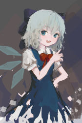 Rule 34 | 1girl, :d, blue bow, blue dress, blue eyes, blue hair, blue nails, bow, bowtie, cirno, cowboy shot, dark background, dress, from side, grey background, hair between eyes, hair bow, hand on own hip, hand up, highres, light blue hair, looking at viewer, looking to the side, missing tooth, nail polish, no lineart, no nose, open mouth, pinafore dress, puffy short sleeves, puffy sleeves, red bow, red bowtie, reddizen, short hair, short sleeves, sleeveless dress, smile, solo, standing, teeth, touhou, upper teeth only, wing collar, wings