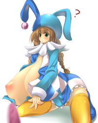 Rule 34 | 1girl, ?, bemani, blush, braid, breasts, brown hair, cleavage, cosplay, fct, gigantic breasts, hat, jester cap, jester suit, kneeling, long hair, mimi (pop&#039;n music), nipples, no bra, open clothes, open shirt, personification, pop&#039;n music, sara da pranzo, sdp, shirt, solo, thighhighs, twin braids, yellow thighhighs, zettai ryouiki