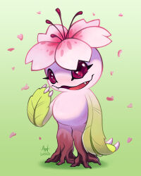 Rule 34 | 1other, absurdres, artist name, digimon, digimon (creature), falling petals, flower, full body, gradient background, green background, highres, looking at viewer, lushiesart, no humans, open mouth, oridigi, original, palmon, petals, sakuramon, sharp teeth, solo, standing, teeth
