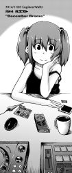 Rule 34 | 1girl, absurdres, bad id, bad pixiv id, blush, blush stickers, cellphone, coffee, cup, dated, display, dj, engineer, english text, eraser, graphics card, greyscale, hair bobbles, hair ornament, hand on own cheek, hand on own face, hand on table, highres, kaauchi, kawashiro nitori, looking at viewer, mechanic, monochrome, mouse (animal), mouse (computer), mug, no headwear, off shoulder, phone, phonograph, screen, screwdriver, short hair, smartphone, solo, strap slip, table, tank top, touhou, turntable, twintails, two side up