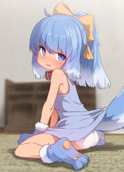 Rule 34 | 1girl, ahoge, animal collar, animal hands, ass, blue dress, blue eyes, blue hair, blurry, blurry background, blush, bow, child, closed mouth, collar, depth of field, dog tail, dress, embarrassed, from side, gloves, gradient hair, hair bow, highres, inu-t, long hair, looking back, multicolored hair, open mouth, os-tan, panties, paw gloves, paw shoes, ponytail, shoes, solo, sumiyao (amam), tail, tail raised, underwear, white hair, yellow bow