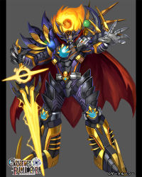 Rule 34 | diacto, fiery hair, gate ruler, grey background, holding, holding sword, holding weapon, looking to the side, mecha, no humans, official art, open hand, open mouth, robot, science fiction, sharp teeth, shousuke (skirge), solo, sword, teeth, weapon, yellow eyes