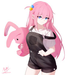 Rule 34 | 1girl, blue eyes, bocchi the rock!, closed mouth, commentary request, cube hair ornament, gotoh hitori, hair between eyes, hair ornament, highres, long hair, looking away, looking to the side, nail polish, hugging object, one side up, overall shorts, overalls, pink hair, pink nails, shimmer, shirt, short sleeves, signature, simple background, solo, stuffed animal, stuffed rabbit, stuffed toy, very long hair, white background, white shirt