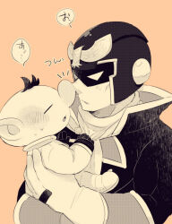 Rule 34 | 2boys, alien, animal print, big nose, bird, bird print, blush, captain falcon, closed eyes, collared jacket, commentary request, elbow gloves, f-zero, falcon, gloves, greyscale with colored background, height difference, helmet, high collar, hug, jacket, long sleeves, looking at another, multiple boys, nintendo, no headwear, noses touching, notice lines, olimar, open mouth, orange background, parted lips, pectorals, pikmin (series), scarf, scarf pull, short hair, spacesuit, speech bubble, super smash bros., sweat, ukyo (80123), upper body, very short hair, yaoi