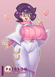 Rule 34 | 1girl, absurdres, breasts, capelet, cowboy shot, creatures (company), game freak, gradient background, green eyes, heart, highres, huge breasts, lips, long sleeves, looking at viewer, nauth, nintendo, open mouth, outline, patreon username, pencil skirt, pink-framed eyewear, pink background, pink nails, pink sweater, pokemon, pokemon sm, purple background, purple hair, skirt, smile, solo, standing, sweater, teeth, thighhighs, tongue, turtleneck, turtleneck sweater, white outline, white skirt, white thighhighs, wicke (pokemon)