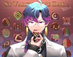 Rule 34 | 1boy, beatmania, beatmania iidx, black nails, black shirt, blue hair, braid, braided ponytail, brown background, chain, chain necklace, chocolate, coat, commentary request, dr. phi, eating, fingernails, food, food bite, glasses, gradient hair, hair between eyes, hair over shoulder, half-closed eyes, highres, holding, holding food, jewelry, lab coat, long bangs, long hair, long sleeves, looking at viewer, male focus, mitarashi tsukune, multicolored hair, nail polish, necklace, open mouth, parted bangs, pink eyes, pink hair, rimless eyewear, round eyewear, shirt, single braid, solo, tongue, tongue out, twitter username, upper body, v-shaped eyebrows, white coat