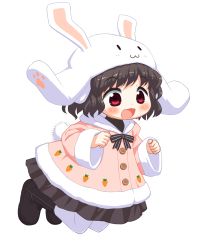 Rule 34 | 1girl, :3, animal ears, animal hood, bebeneko, black footwear, black hair, black skirt, blush, boots, carrot print, clenched hands, coat, commentary request, food print, hood, inaba tewi, jumping, looking to the side, open mouth, outline, pantyhose, pink coat, rabbit ears, rabbit girl, rabbit tail, red eyes, ribbon, short hair, simple background, skirt, solo, striped ribbon, tail, touhou, transparent background, white background, white outline, white pantyhose, winter clothes, winter coat