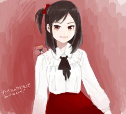 Rule 34 | 1girl, animal, animal on shoulder, bad drawr id, bad id, black hair, bow, closed mouth, cojibou, collared shirt, gradient background, hair bow, long sleeves, looking at viewer, medium hair, oekaki, one side up, open mouth, original, red background, red bow, red eyes, red skirt, ribbon, shirt, skirt, smile, solo, squirrel, translation request, white shirt