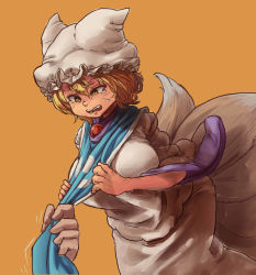 Rule 34 | 1girl, animal hat, blonde hair, chanta (ayatakaoisii), dress, feet out of frame, hat, highres, long sleeves, mob cap, multiple tails, open mouth, orange background, mob cap, short hair, simple background, solo, tabard, tail, tears, touhou, white dress, yakumo ran, yellow eyes