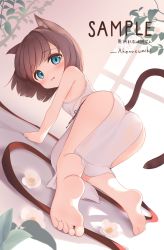 Rule 34 | 1girl, all fours, animal ears, ass, barefoot, blue eyes, blush, brown hair, cat ears, cat girl, cat tail, china dress, chinese clothes, dress, feet, flower, from behind, highres, looking at viewer, looking back, no panties, original, sample watermark, short hair, soles, tail, thighs, toes, tsumiki akeno, watermark, white dress