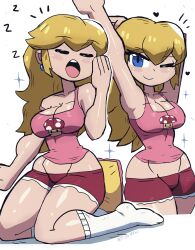 Rule 34 | 1girl, absurdres, arms up, bed, blonde hair, blush, breasts, cleavage, closed eyes, collarbone, earrings, food print, heart, highres, jewelry, kneeling, large breasts, long hair, looking at viewer, mario (series), midriff, multiple views, mushroom print, nintendo, one eye closed, open mouth, pillow, pink shirt, princess peach, print shirt, red shorts, shirt, shorts, socks, sparkle, standing, strap slip, stretching, super mario bros. 1, super mushroom, tank top, teeth, thick thighs, thighs, tony welt, waking up, white background, white socks, wide hips, yawning, zzz