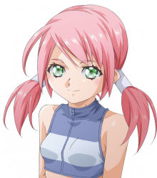 Rule 34 | 1girl, amano yo-ki, arm behind back, breasts, crop top, green eyes, hair tubes, low twintails, midriff, original, pink hair, sleeveless, small breasts, smile, solo, twintails, white background, zipper