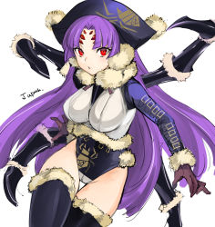 Rule 34 | 1girl, arthropod girl, black thighhighs, breasts, brown gloves, extra eyes, fur trim, gloves, hat, highleg, highleg leotard, insect girl, large breasts, leotard, long hair, long sleeves, looking at viewer, noir (rance), parted bangs, parted lips, purple hair, rance (series), red eyes, sengoku rance, simple background, solo, spider girl, tetsu (kimuchi), thigh gap, thighhighs, white background