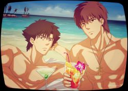 Rule 34 | 2boys, bad id, bad pixiv id, beach, brown hair, cocktail glass, cross, cross necklace, cup, day, drinking glass, emiya kiritsugu, fate/zero, fate (series), jewelry, kotomine kirei, multiple boys, necklace, olive, vacation