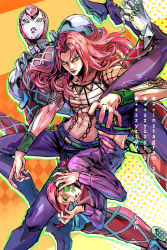 Rule 34 | 2boys, animal, arm tattoo, belt, chain, commentary, deviantart username, diavolo, english commentary, fishnets, floating hair, freckles, frog, green eyes, green outline, holding, holding animal, instagram username, jojo no kimyou na bouken, king crimson (stand), long hair, long sleeves, looking at viewer, male focus, midriff, multicolored background, multiple boys, navel, open mouth, outline, pants, pectorals, pink hair, polka dot, polka dot hair, ponytail, purple pants, purple sweater, red lips, serious, stand (jojo), star (symbol), sweater, tattoo, toned, toned male, upside-down, vento aureo, vinegar doppio, watermark, web address, zzyzzyy