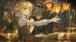 Rule 34 | 1girl, abstract background, arms up, ascot, bad id, bad pixiv id, belt, black skirt, black vest, blonde hair, chinese lantern (plant), commentary request, expressionless, glowing, hair ribbon, highres, leaf, long sleeves, looking to the side, outstretched hand, parted lips, petticoat, piyo (sqn2idm751), red ascot, red eyes, ribbon, rumia, shirt, short hair, skirt, solo, standing, touhou, upper body, vest, water drop, white shirt