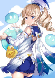 Rule 34 | 1girl, ass, bag, ball, barbara (genshin impact), barbara (summertime sparkle) (genshin impact), beachball, blonde hair, blue eyes, blush, braid, closed mouth, commentary request, dress, flower, genshin impact, highres, holding, holding ball, looking at viewer, looking back, shoulder bag, slime (creature), slime (genshin impact), twin braids, twintails, umagenzin, white dress, white flower, white headwear