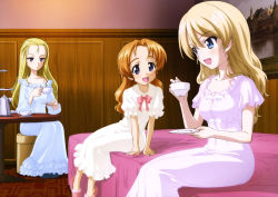 Rule 34 | 10s, 3girls, :d, absurdres, alternate hairstyle, assam (girls und panzer), blonde hair, blue eyes, cup, darjeeling (girls und panzer), girls und panzer, hair down, highres, indoors, long hair, multiple girls, nightgown, official art, on bed, open mouth, orange hair, orange pekoe (girls und panzer), sitting, smile, table, teacup