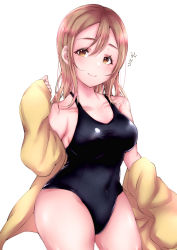 Rule 34 | 1girl, absurdres, artist name, artist request, bare legs, bare shoulders, black one-piece swimsuit, blush, breasts, brown eyes, brown hair, check translation, close-up, collarbone, commentary request, female focus, hair between eyes, highres, jacket, unworn jacket, kunikida hanamaru, light brown hair, long hair, looking at viewer, love live!, love live! sunshine!!, medium breasts, one-piece swimsuit, open clothes, open jacket, parted lips, smile, solo, swimsuit, translated, translation request, white background, yellow eyes, yellow jacket