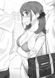 Rule 34 | 1girl, 3boys, absurdres, backpack, bag, bikini, blush, bow, breasts, carrying bag, cleavage, commentary request, dorontabi, hair bow, halterneck, highres, hood, hoodie, large breasts, mask, molestation, monochrome, mouth mask, multiple boys, original, pants, polka dot, polka dot bow, side-tie bikini bottom, sidelocks, string bikini, surgical mask, sweat, swimsuit, tearing up, town, trembling, twintails