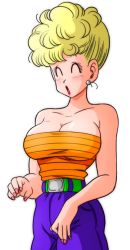 Rule 34 | 1girl, belt, blonde hair, blush, breasts, cleavage, closed eyes, cowboy shot, dragon ball, dragonball z, earrings, female focus, jewelry, large breasts, legs, mature female, nail polish, open mouth, panchy, shirt, short hair, simple background, solo, standing, strapless, striped clothes, striped shirt, stud earrings, thighs, transparent background, yamamoto doujin