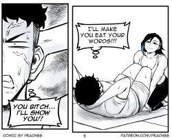 Rule 34 | 1boy, 1girl, 2koma, arms behind head, artist name, black hair, blue hair, clenched teeth, collarbone, comic, ear piercing, earrings, english text, exercising, greyscale, jewelry, monochrome, multicolored hair, muscular, muscular female, original, pants, partially colored, patreon username, peach88, piercing, sharon wong, shirt, shorts, sit-up, sports bra, streaked hair, sweat, teeth, thought bubble, undercut, veiny face, yoga mat, yoga pants