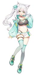 Rule 34 | 1girl, :d, animal ear fluff, animal ears, black panties, blush, breasts, cleavage cutout, clothing cutout, green eyes, green jacket, green thighhighs, hair ornament, hands up, hizuki miu, jacket, jewelry, large breasts, long hair, looking at viewer, midriff, multicolored clothes, navel, necklace, open clothes, open jacket, open mouth, panties, short shorts, shorts, side ponytail, silver hair, smile, solo, sports bra, stomach, thigh strap, thighhighs, thighs, toma (norishio), triangle, underwear, virtual youtuber, wactor production, white shorts