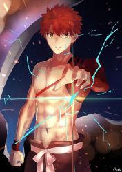 Rule 34 | 1boy, abs, absurdres, artist name, bad id, bad twitter id, belt, black pants, bracer, cape, collarbone, fate/grand order, fate (series), highres, holding, holding cape, holding clothes, kasumi saika, male focus, navel, orange eyes, pants, red hair, senji muramasa (fate), serious, short hair, solo, spiked hair, white cape
