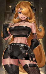 1girl alternate_costume asymmetrical_legwear bare_shoulders black_eyes black_gloves black_skirt black_thighhighs black_tube_top blonde_hair breasts cleavage collarbone cowboy_shot creatures_(company) cynthia_(pokemon) fingerless_gloves fishnet_thighhighs fishnets game_freak gloves hair_over_one_eye highres large_breasts long_hair nintendo open_mouth pokemon pokemon_dppt saiykik skirt smile solo strapless thighhighs tube_top very_long_hair