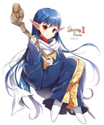 Rule 34 | 1girl, blue hair, blue robe, blush, closed mouth, commentary request, copyright name, full body, high heels, holding, holding staff, long hair, long sleeves, looking at viewer, mauve, pointy ears, red eyes, robe, sarah (shining force), sega, shining (series), shining force ii, sleeves past wrists, smile, solo, staff, twitter username, very long hair, white background, white footwear, wide sleeves, wooden staff