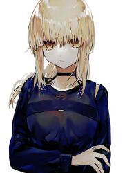 Rule 34 | 1girl, albino (a1b1n0623), artoria pendragon (all), artoria pendragon (fate), black shirt, expressionless, fate/grand order, fate (series), grey eyes, grey hair, highres, jewelry, long hair, long sleeves, looking at viewer, ponytail, ring, saber alter, saber alter (ver. shinjuku 1999) (fate), shirt, sidelocks, simple background, solo, upper body, white background