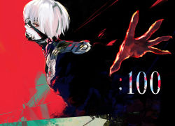 Rule 34 | 1boy, black background, black bodysuit, bodysuit, closed mouth, colored skin, commentary request, eyepatch, grey hair, highres, kaneki ken, kyuuba melo, long sleeves, male focus, official style, pale skin, profile, red background, red eyes, red skin, short hair, sideways glance, tokyo ghoul, tokyo ghoul:re, upper body, white hair