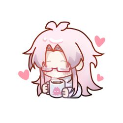 Rule 34 | 1boy, chibi, chinese commentary, closed eyes, commentary request, cup, glasses, hatsutori hajime, heart, holding, holding cup, long hair, long sleeves, male focus, mug, no mouth, no nose, pink hair, red-framed eyewear, saibou shinkyoku, sakuramuying, shirt, simple background, solo, white background, white shirt