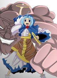 Rule 34 | 1girl, arm up, blue eyes, blue hair, clenched hand, crim0718, dress, highres, holding, hood, hoop, jewelry, kesa, kumoi ichirin, long sleeves, looking at viewer, multicolored clothes, multicolored dress, mutsunari (crim0718), open mouth, pendant, touhou, unzan, wide sleeves