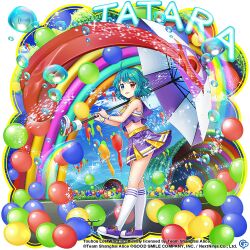Rule 34 | 1girl, ahoge, alternate costume, balloon, blue eyes, blue hair, blue sky, character name, cheerleader, commentary, copyright name, copyright notice, crop top, english commentary, full body, game cg, heterochromia, karakasa obake, looking at viewer, outdoors, purple shirt, purple skirt, purple umbrella, rainbow, red eyes, rotte (1109), shirt, short hair, skirt, sky, socks, solo, striped clothes, striped socks, tatara kogasa, tatara kogasa (sunshine-praying umbrella), third-party source, tongue, tongue out, touhou, touhou lostword, two-tone umbrella, umbrella, white socks, white umbrella