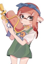 Rule 34 | 1girl, black eyes, blue hairband, commentary request, earrings, green shirt, gun, hairband, highres, holding, holding gun, holding weapon, inkling, inkling girl, inkling player character, jewelry, long hair, nintendo, orange hair, pointy ears, sample watermark, shirt, simple background, smile, solo, splatoon (series), splatoon 3, splattershot (splatoon), watermark, weapon, white background, yn uo0
