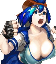 Rule 34 | 1girl, bandaid, bandaid on face, bandaid on nose, baseball cap, blue eyes, blue hair, borrowed character, breasts, cleavage, clenched hand, crop top, crop top overhang, downblouse, fingerless gloves, gloves, hair ornament, hairclip, hat, large breasts, m.u.g.e.n, matching hair/eyes, midriff, ohosi nagisa, open clothes, open mouth, open shirt, original, school uniform, serafuku, shirt, skirt, solo, tetuhei, upper body
