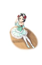 Rule 34 | 1girl, ballet slippers, bare shoulders, black eyes, black hair, blue dress, blue footwear, circle skirt, collarbone, dress, flat chest, flower, full body, hair flower, hair ornament, hand up, highres, indoors, leggings, looking at viewer, official art, pantyhose, plantar flexion, princess principal, princess principal game of mission, short hair, sitting, solo, toudou chise, transparent background, white pantyhose, wooden floor