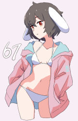 Rule 34 | 1girl, animal ears, bare shoulders, bikini, black hair, blue hoodie, breasts, collarbone, commentary request, cropped legs, floppy ears, groin, hands in pockets, highres, hood, hood down, hoodie, inaba tewi, jack (wkm74959), long sleeves, looking at viewer, navel, one-hour drawing challenge, open hood, parted lips, pink hoodie, puffy sleeves, rabbit ears, red eyes, short hair, simple background, small breasts, solo, swimsuit, touhou, two-sided fabric, white background, white bikini