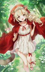 Rule 34 | 1girl, animal ears, bad id, bad pixiv id, blonde hair, bow, cape, cat ears, cat tail, collarbone, commission, day, dress, drill hair, fingernails, flower, forest, frilled dress, frills, grass, hands up, haruri, heart, highres, hood, hood up, hooded cape, bridal garter, leg ribbon, long hair, nature, original, outdoors, pleated dress, raccoon ears, raccoon tail, red bow, red cape, red footwear, red ribbon, ribbon, shoes, short dress, solo, standing, standing on one leg, striped tail, tail, tiara, tree, white dress, white flower