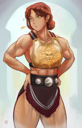 Rule 34 | 1girl, abs, armor, belt, biceps, braid, breastplate, feindall, gladiator, hand on own hip, looking to the side, muscular, muscular female, original, red hair, scar, scar on face, skirt, solo, toned, yellow eyes