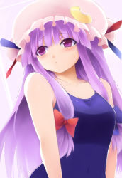 Rule 34 | 1girl, bad id, bad pixiv id, bare shoulders, crescent, crescent moon, female focus, hat, long hair, moon, one-piece swimsuit, patchouli knowledge, purple eyes, purple hair, solo, swimsuit, touhou, yostxxx