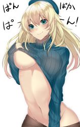 Rule 34 | 10s, 1girl, arm at side, atago (kancolle), beret, blonde hair, breasts, brown pantyhose, closed mouth, clothes lift, cowboy shot, green eyes, green hat, green sweater, groin, hair between eyes, hand up, hat, highres, kantai collection, large breasts, lifted by self, long hair, long sleeves, looking at viewer, midriff, navel, no bra, onineko-chan, pan-pa-ka-paaan!, pantyhose, pantyhose tug, ribbed sweater, simple background, smile, solo, stomach, sweater, sweater lift, turtleneck, turtleneck sweater, underboob, white background