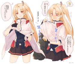 Rule 34 | !, !!, 1boy, 1girl, azur lane, black skirt, blonde hair, blush, capelet, cleveland (azur lane), comic, commander (azur lane), commentary request, cowboy shot, embarrassed, fingerless gloves, gloves, hand on another&#039;s shoulder, long hair, looking at viewer, mi 398, miniskirt, one side up, open mouth, parted bangs, pleated skirt, red eyes, skirt, sleeves rolled up, smile, split bangs, sweatdrop, translation request