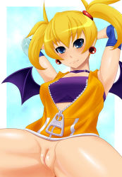 Rule 34 | 1girl, aq interactive, arcana heart, atlus, bat wings, blonde hair, blue eyes, censored, demon girl, examu, fang, female focus, lilica felchenerow, nipples, pussy, smile, solo, tomatto (@ma!), wings