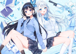 Rule 34 | 2girls, a20 (atsumaru), amatsuka uto, aoi nabi, back-to-back, black hair, black socks, blue background, blue eyes, blue neckwear, blue ribbon, blue shirt, book, bow, bow earrings, bowtie, breasts, bug, butterfly, butterfly hair ornament, collared shirt, combat shotgun, controller, dual-mode shotgun, earrings, eyelashes, feet out of frame, gun, hair ornament, hairclip, hand on own chest, hand up, highres, holding, holding hands, holding pen, indie virtual youtuber, insect, invisible chair, jewelry, keyboard (computer), kneehighs, knees together feet apart, legs, long hair, long sleeves, miniskirt, multiple girls, necktie, open mouth, pen, pencil, plaid, plaid skirt, pleated skirt, pump-action shotgun, pump action, ribbon, school uniform, semi-automatic firearm, semi-automatic shotgun, shirt, shotgun, sidelocks, silver hair, sitting, skirt, smile, socks, spas-12, stuffed animal, stuffed toy, stylus, swept bangs, teeth, thighs, upper teeth only, virtual youtuber, weapon, white shirt, white socks