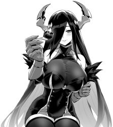 Rule 34 | 1girl, azur lane, azur lane: slow ahead, bare shoulders, blush, breasts, cleavage, dress, feeding, fork, friedrich der grosse (azur lane), gauntlets, greyscale, hair over one eye, highres, holding, holding fork, hori (hori no su), horns, large breasts, lips, long hair, monochrome, official art, parted lips, simple background, sitting, sleeveless, sleeveless dress, smile, very long hair